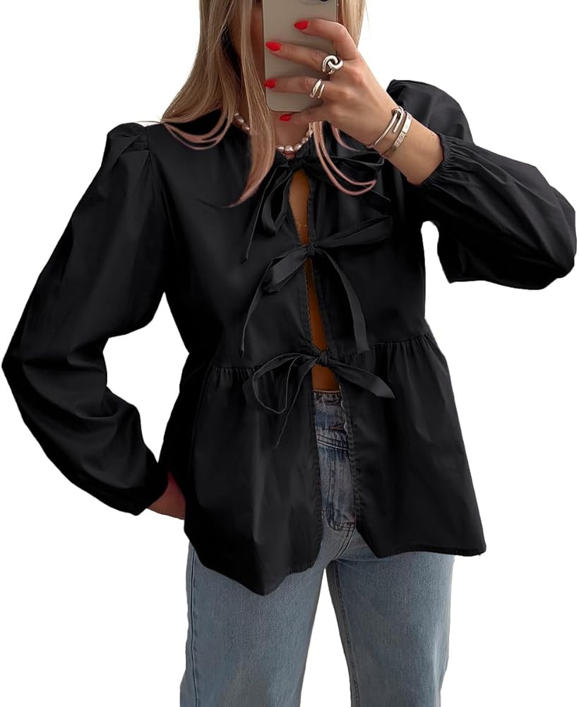 Allimy Womens Self Tie Front Bows Puff Long Sleeve Crewneck Babydoll Peplum Blouses Tops Shirts | Amazon (US)