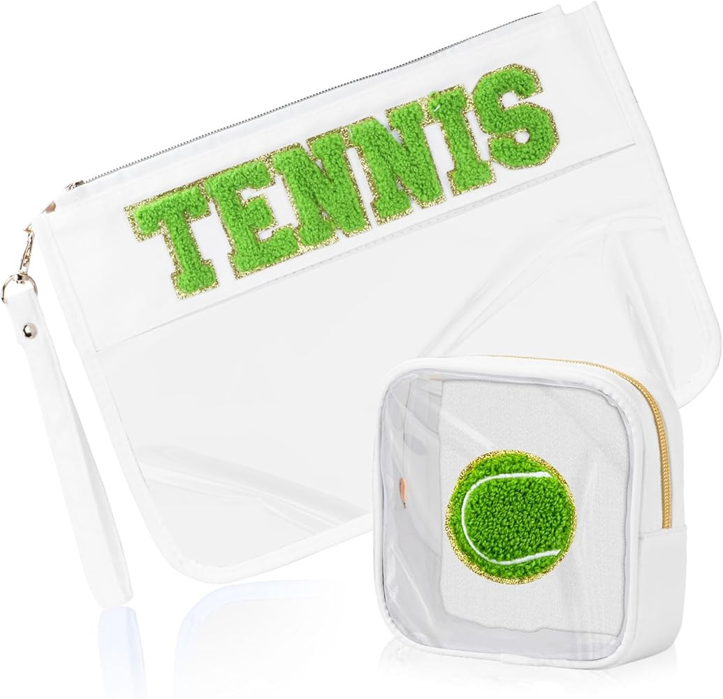 2 Pcs Tennis Gifts Cosmetic Makeup Bag with Chenille Letter Patch, Clear Pouch PVC Organizer Purs... | Amazon (US)