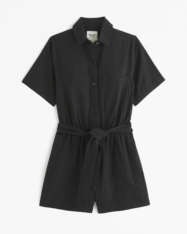 Women's Short-Sleeve Linen-Blend Romper | Women's Dresses & Jumpsuits | Abercrombie.com | Abercrombie & Fitch (US)