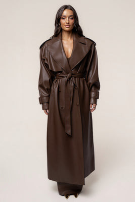 PRE-ORDER Chocolate The Icon PU Leather Coat | JLUXLABEL US