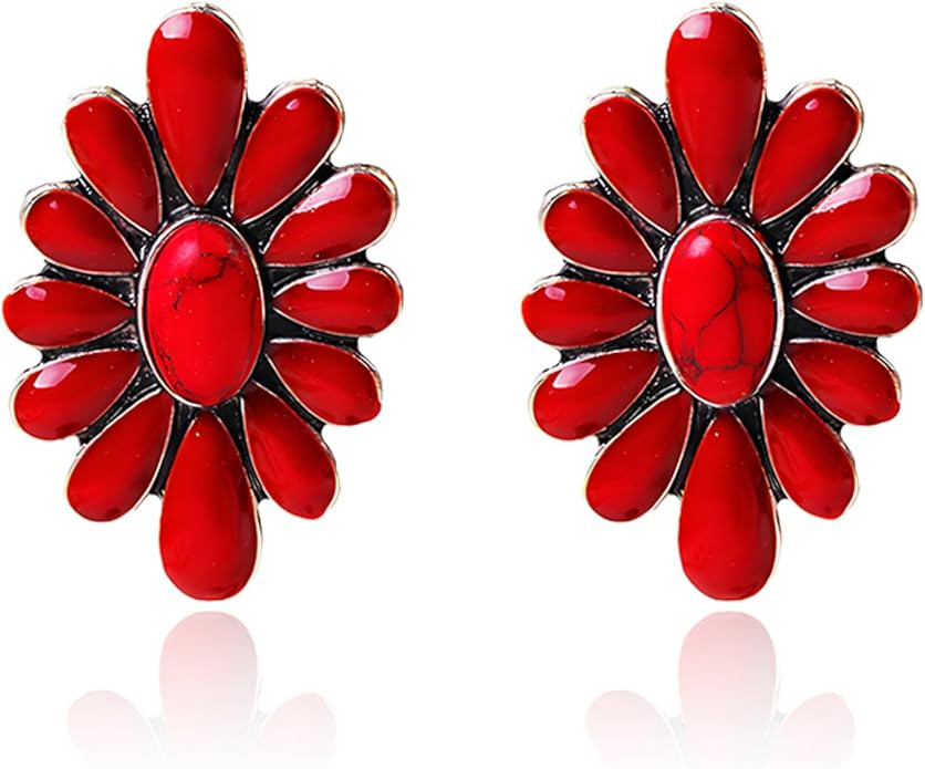 Bohemian Western Natural Turquoise Geometric Flower Drop Dangle Earrings Statement Cowgirl Ethnic... | Amazon (US)