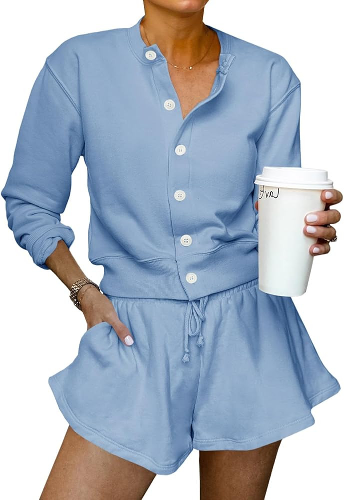 Tankaneo Womens 2 Piece Outfits Sweatsuit Button Down Tops and Shorts Casual Matching Lounge Set ... | Amazon (US)