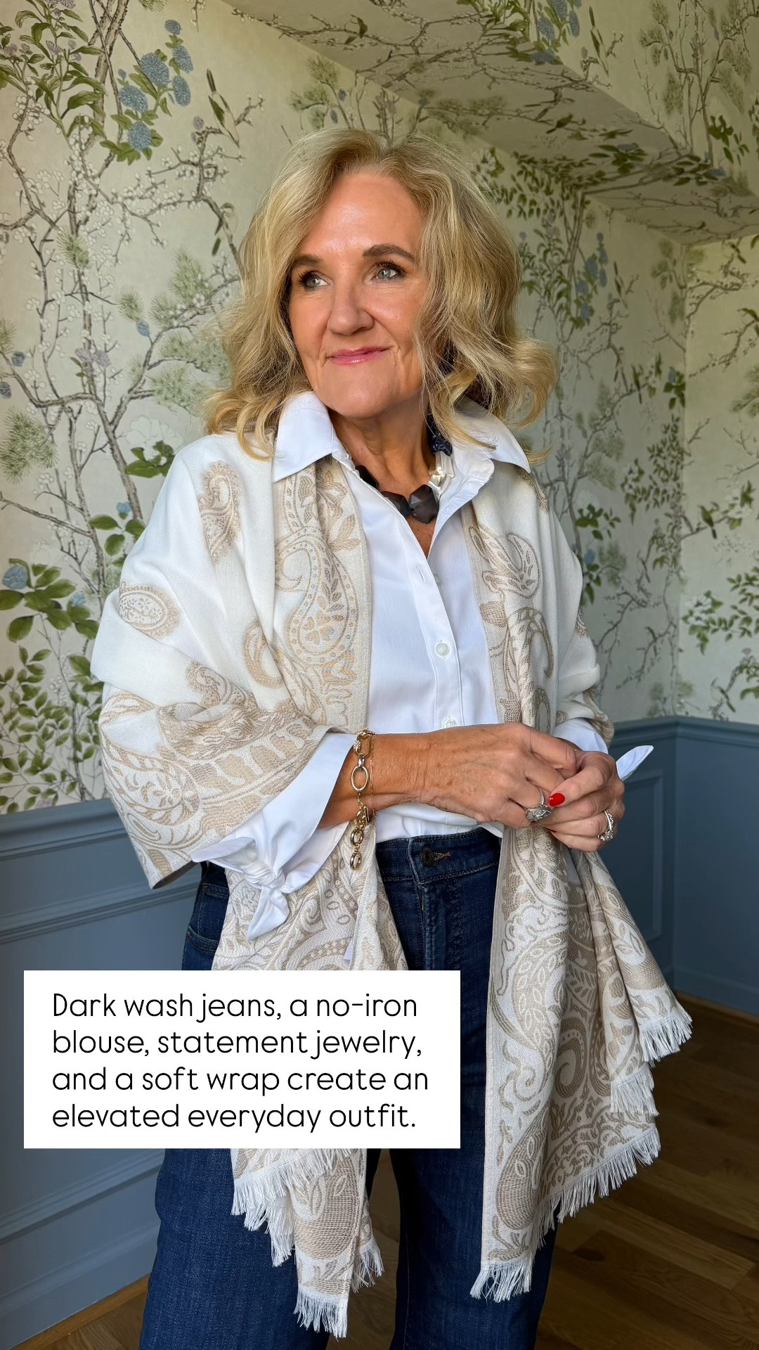 A few simple accessories can completely elevate the basics! I’m wearing 1.0 in everything except the knit jeans, which I sized down to a .5 Short. Dark-wash denim, a crisp no-iron blouse, statement jewelry, and a beautiful wrap make an easy, polished look.

💡 LTK MADE EASY
❤️ Heart = Support my posts!
🔖 Save = Get sale & restock alerts
📋 Lists = Keep favorites organized
📲 Share = Send lists and products to a friend. Hello, Christmas List!
💬 Comment = Ask me anything about what I’m wearing.:-)

#LTKootd #LTKOver40 #LTKSeasonal