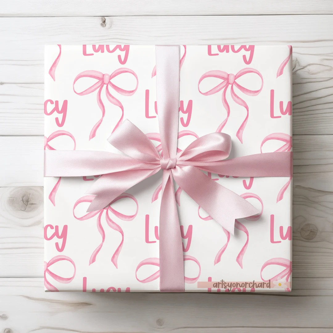 Pink Baby Shower Gift Wrap, Feminine Wrapping Paper, Preppy Coquette Pink Bow Personalized Wrappi... | Etsy (US)