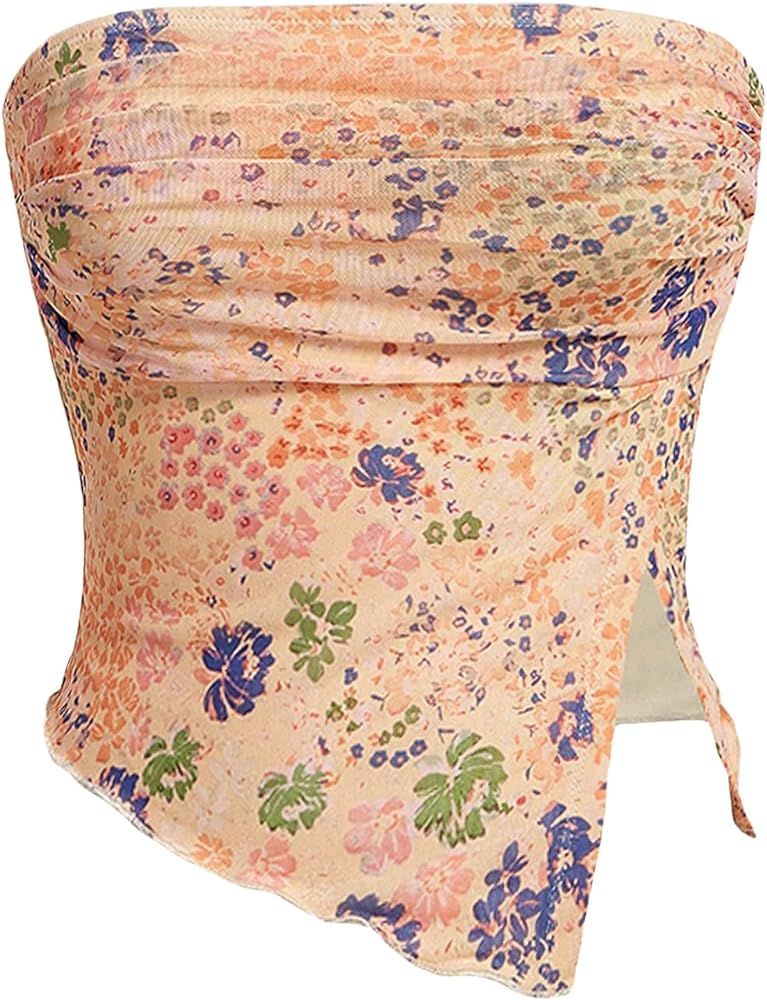 Floerns Women's Boho Floral Print Strapless Mesh Tube Top Split Hem Crop Top | Amazon (US)