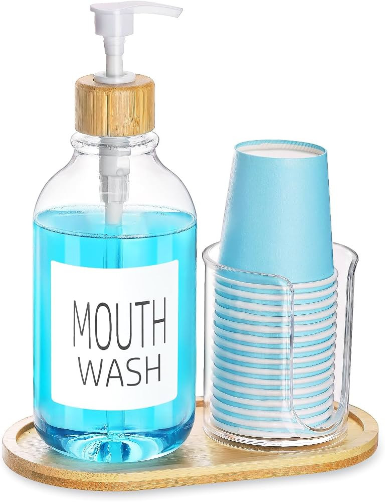 Mouthwash Dispenser with Cup Holder, Plastic Mouth Wash Pump Bottle with Tray for Bathroom Organi... | Amazon (US)