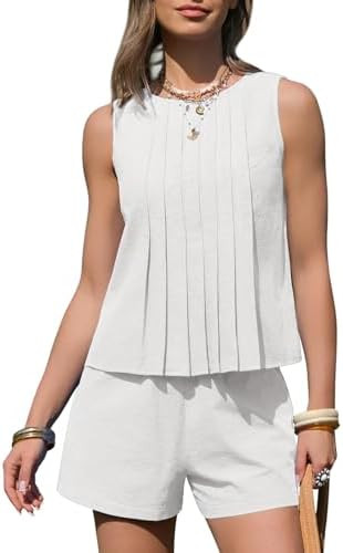 EXLURA Linen Sets for Women 2 Piece Sleeveless Pleated Babydoll Tops Casual Matching Short Set Su... | Amazon (US)
