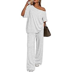Trendy Queen Womens 2 Piece Lounge Sets Off Shoulder Oversized Tshirts & Wide Leg Pants Outfits | Amazon (US)