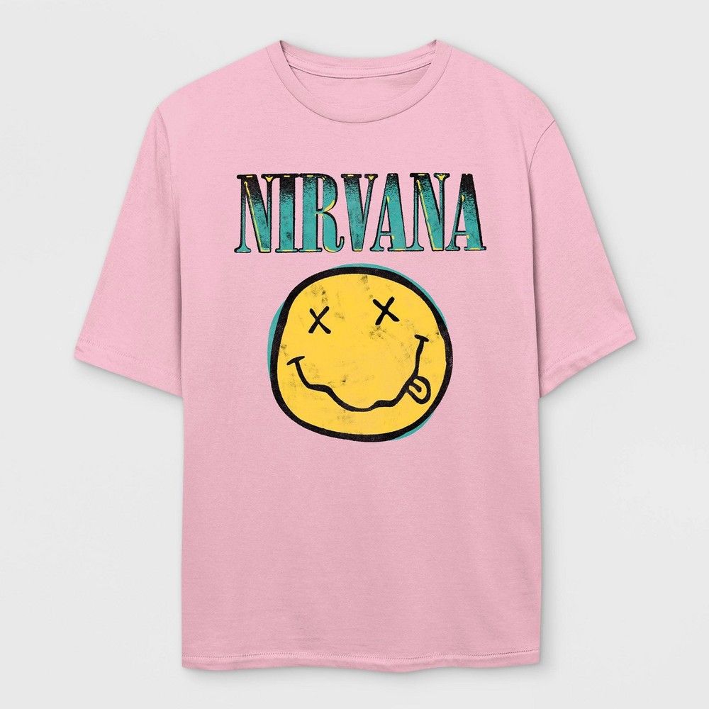 Women's Nirvana Smiley Face Logo Short Sleeve Oversized Graphic T-Shirt - Pink S/M | Target