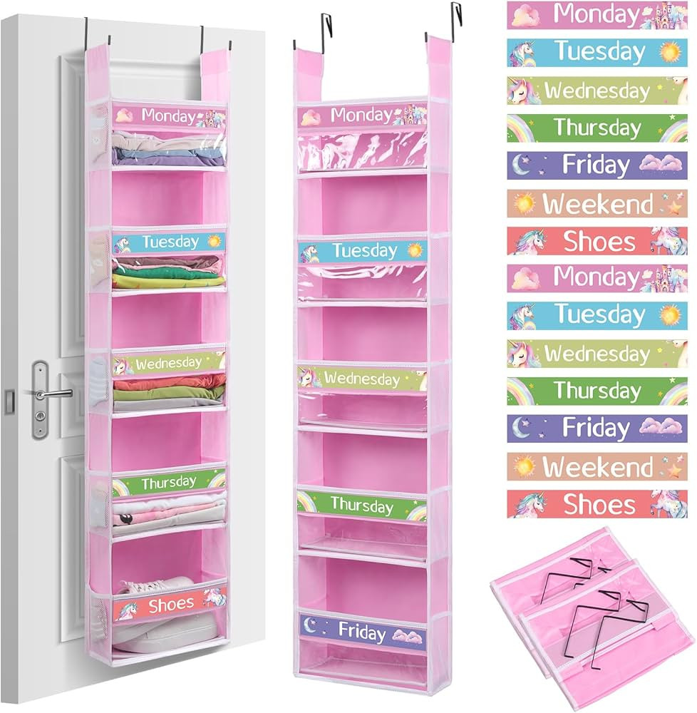 2 Pack 5 Shelf Weekly Clothes Organizer for Kids Over The Door Hanging Storage Monday Through Fri... | Amazon (US)