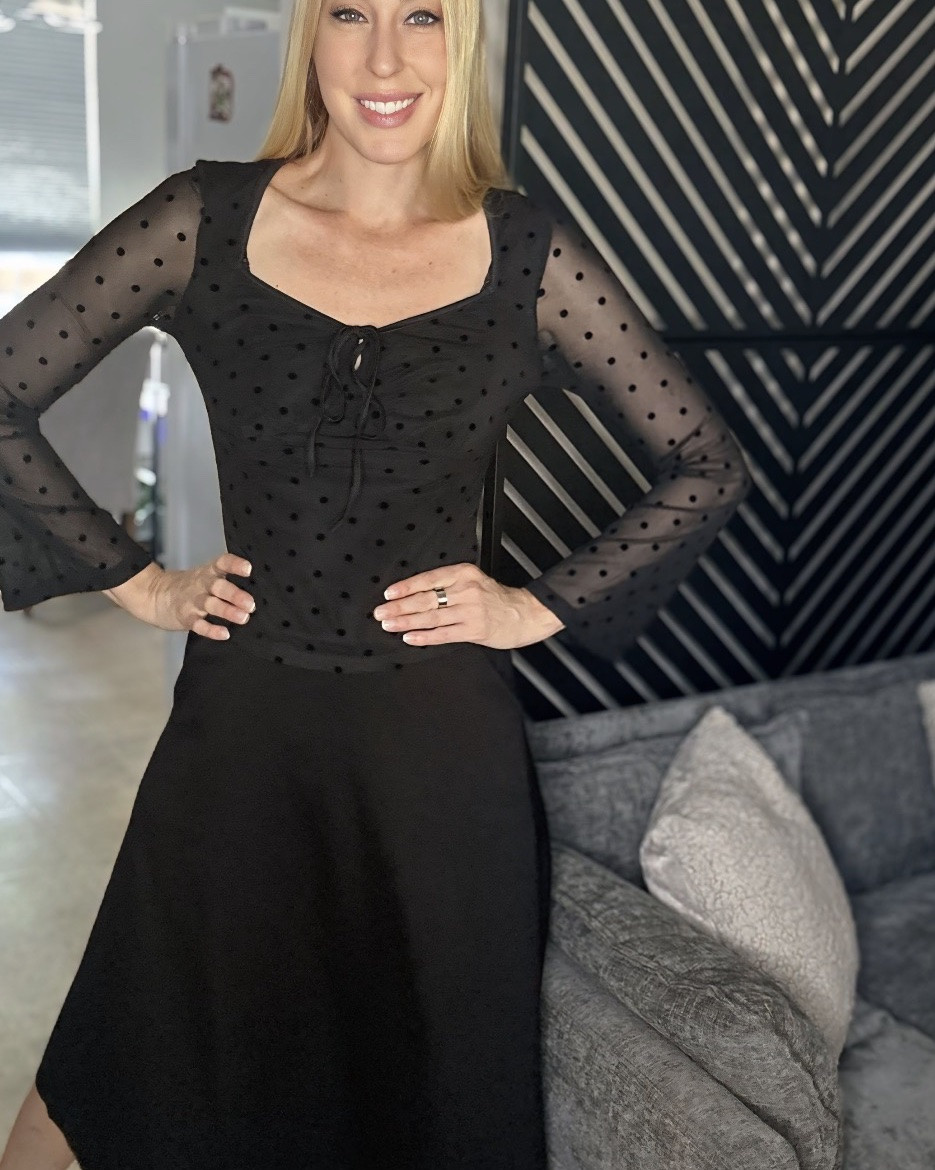 All black fall fit 
🖤 i love the polka dot top 
🖤 the skirt is stretchy and comfy
🖤fits true to size, wearing size small and I am 5’10”
🖤 Amazon fashion find under 50

#LTKTall #LTKWorkwear