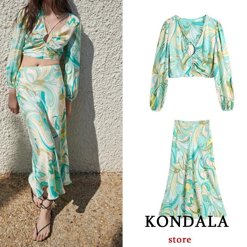 KONDALA Za 2021 Women Summer Green Suit Chic Printed Short Blouses and High Waist Zipper Skirts  ... | AliExpress (US)