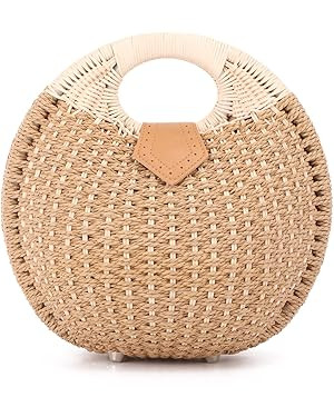 Ynport Straw Purses for Women Summer Beach Rattan Tote Bag Round Handle Ring Handbag Retro Handma... | Amazon (US)