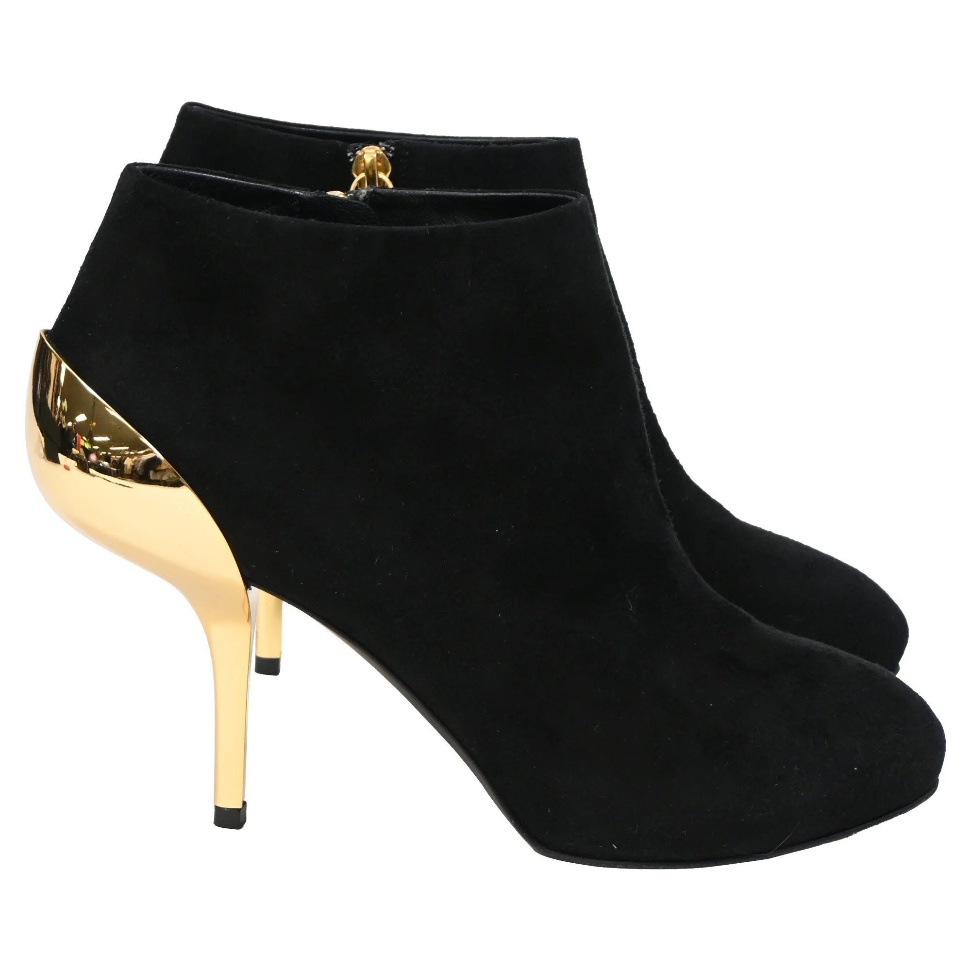Giuseppe Zanotti Gold Heel Detail Ankle Boots in Black Suede | Shop Simon