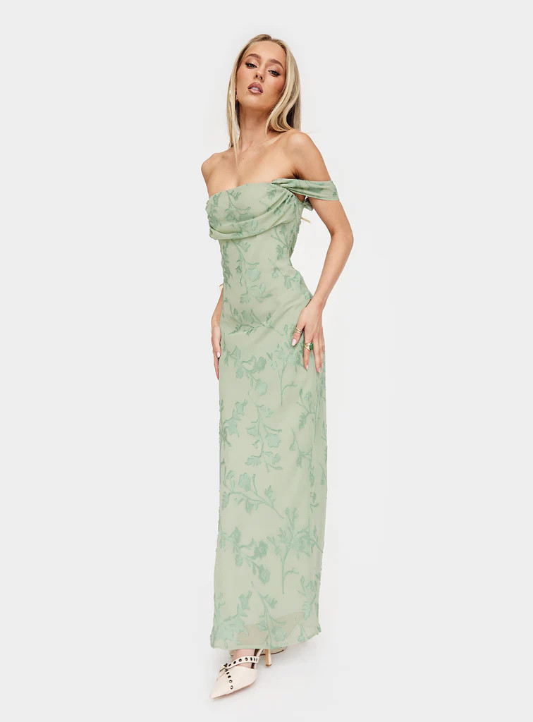 Azura Off The Shoulder Maxi Dress Green Burnout | Princess Polly US