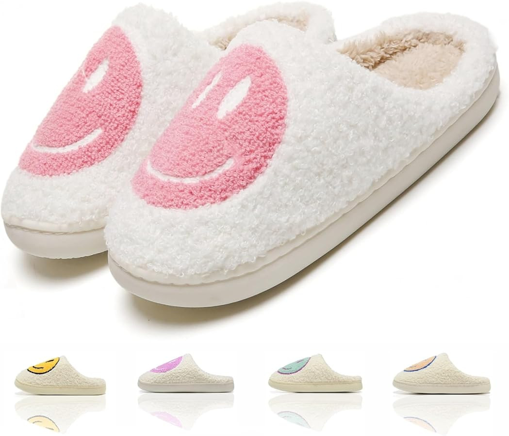 Cute House Slippers for Women Men with Memory Foam Retro Happy Face Cozy Indoor Outdoor Fuzzy Plu... | Amazon (US)
