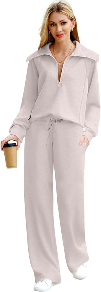 XIEERDUO Lounge Sets For Women 2023 Oversized Half Zip Sweatshirt And Wide Leg Sweatpant 2 Piece ... | Amazon (US)
