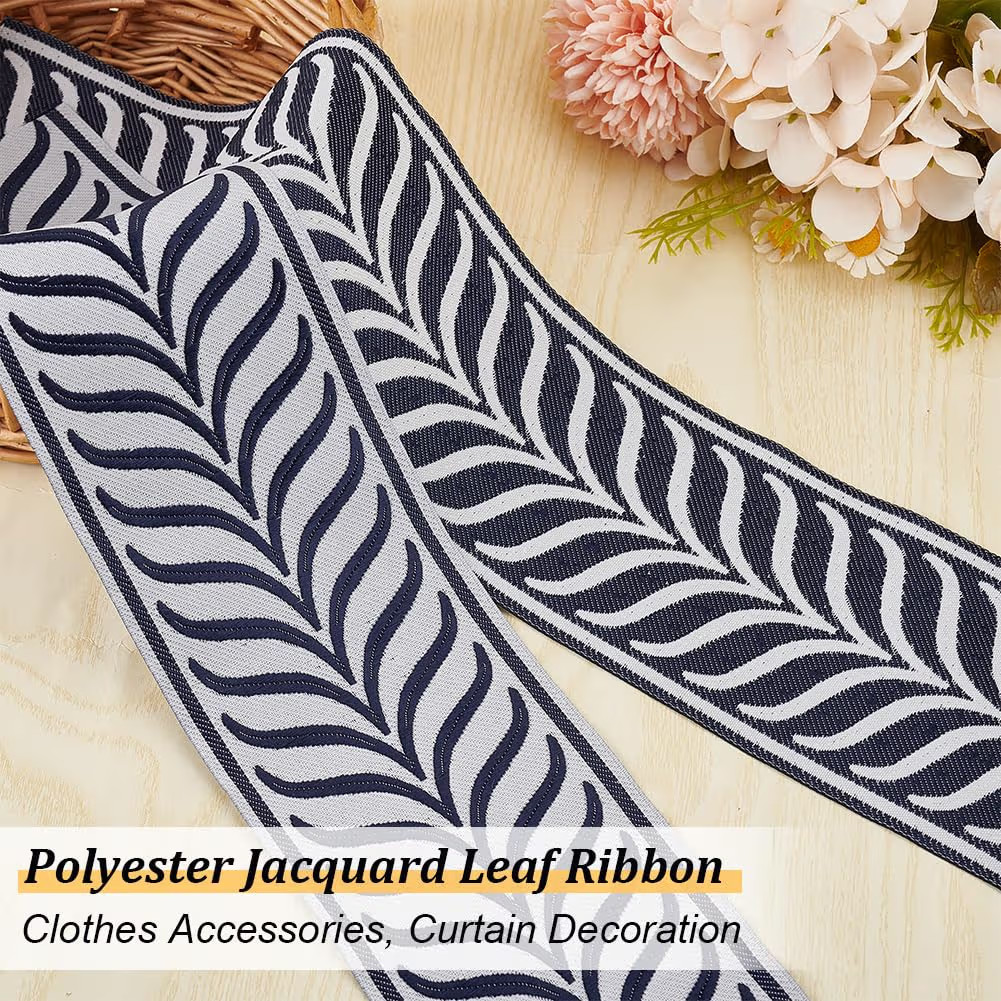 OLYCRAFT 5.5 Yards Jacquard Ribbon Trim 3.4 Inch Leaf Striped Jacquard Polyester Ribbons Marine B... | Amazon (US)
