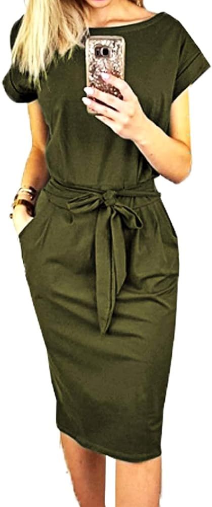 PRETTYGARDEN Ladies Basic Crewneck Belted Office Dress with Pockets Solid Color Short Sleeve Part... | Amazon (US)