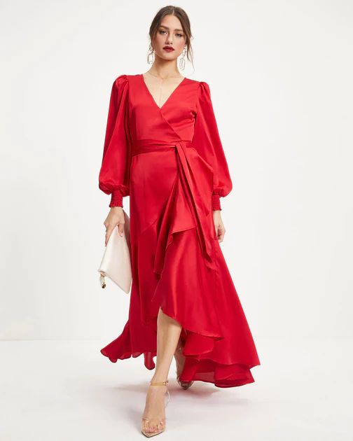 Irresistible Desire Satin Ruffle Maxi Dress - Red | VICI Collection