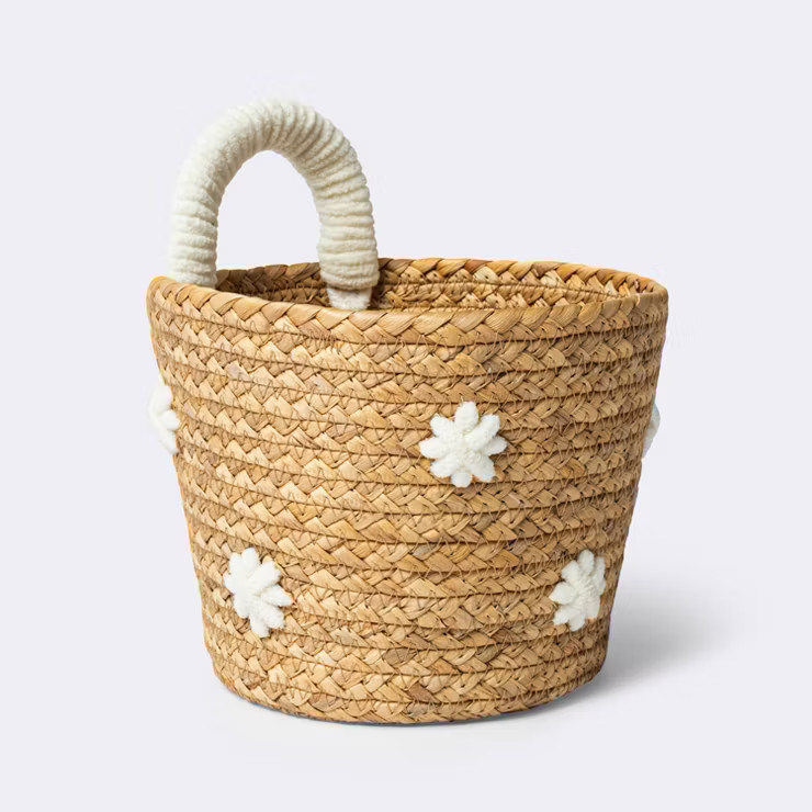 Braided Water Hyacinth with Tufted Embroidery Small Round Storage Basket - Cloud Island™ | Target