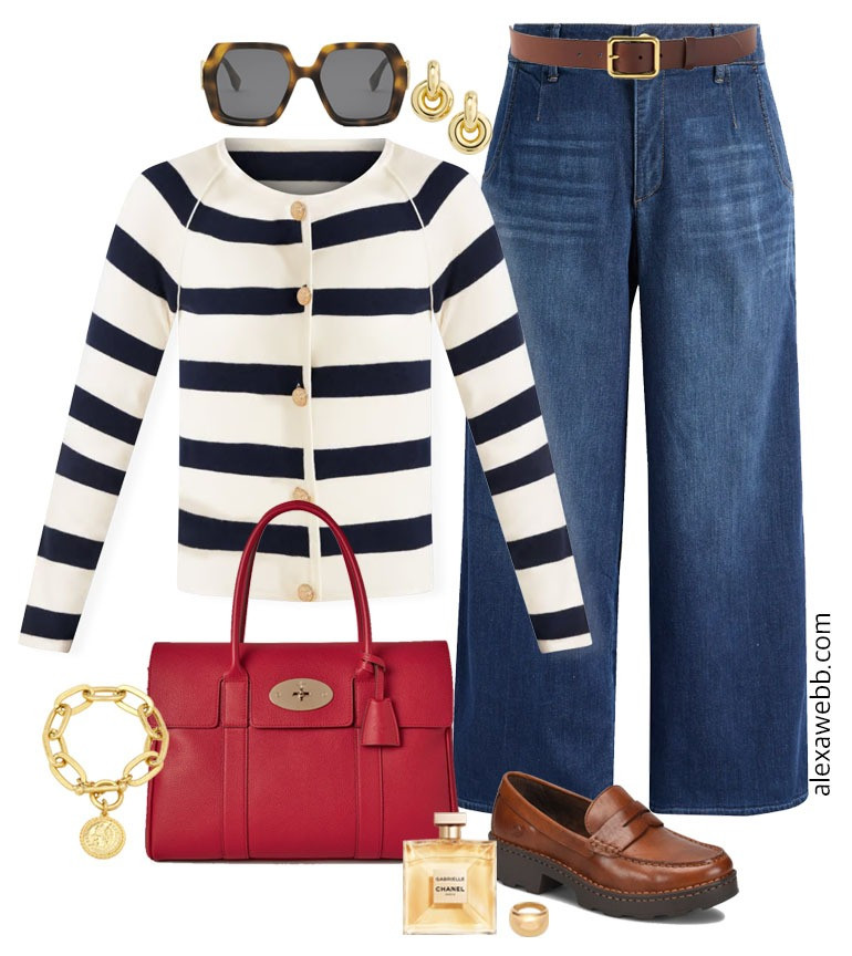 Plus Size Striped Sweater Jacket - A plus size casual outfit idea with wide leg ankle jeans, a navy striped "lady jacket," red satchel, and loafers. So preppy for winter into spring! Alexa Webb #plussize #alexawebb 

 #LTKOver40 #LTKMidsize #LTKPlusSize