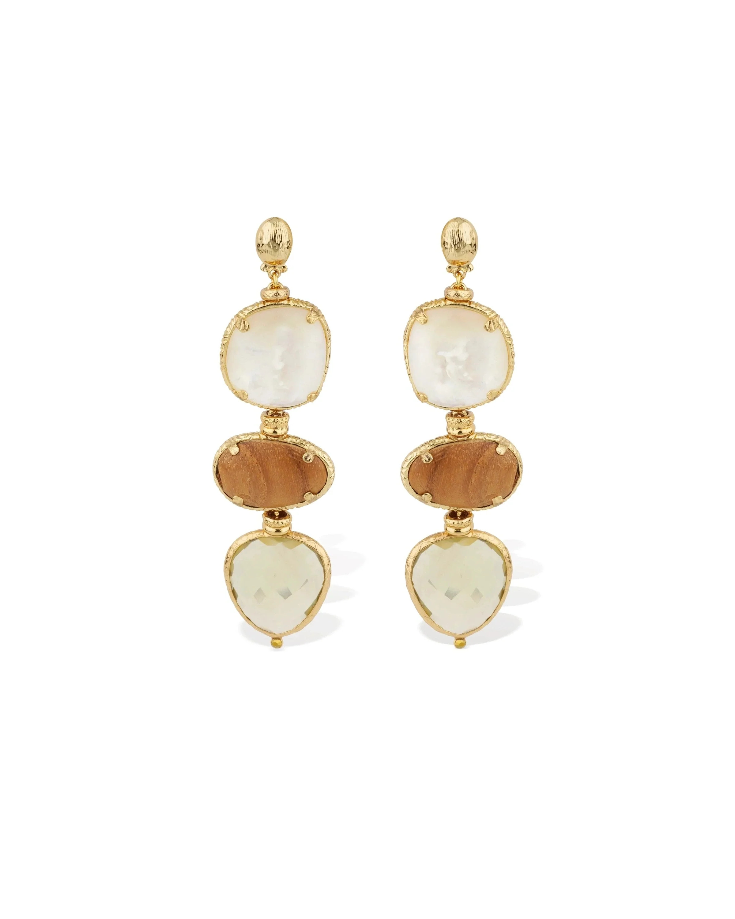Silene earrings large size - White Mother-of-pearl, Wood and Smoky Quartz | Monarch Market