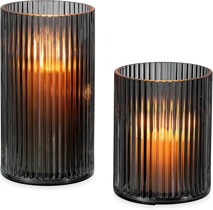 Glasseam Hurricane Glass Candle Holders: 2 Pcs Ribbed Cylinder Grey Vases | Amazon (US)