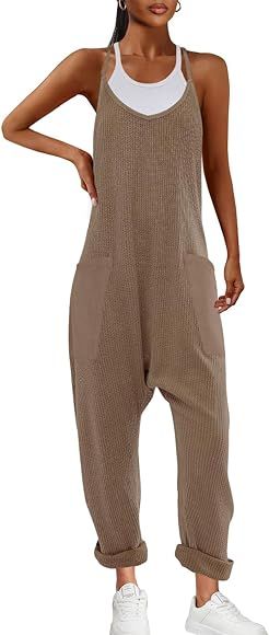 Nirovien Womens Waffle Knit Jumpsuits Oversized Sleeveless Onesie One Piece Romper with Pockets Fall Overalls | Amazon (US)