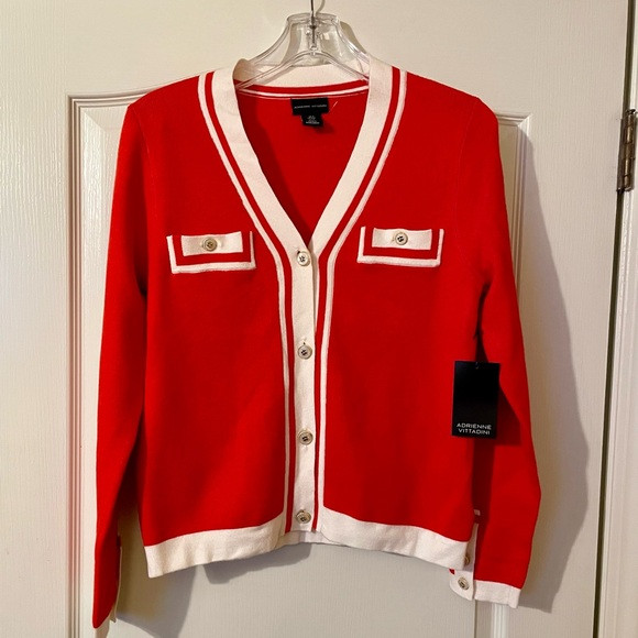Adrienne Vittadini Red/Ivory Button Accents Knit Cardigan Size S Academia Career | Poshmark