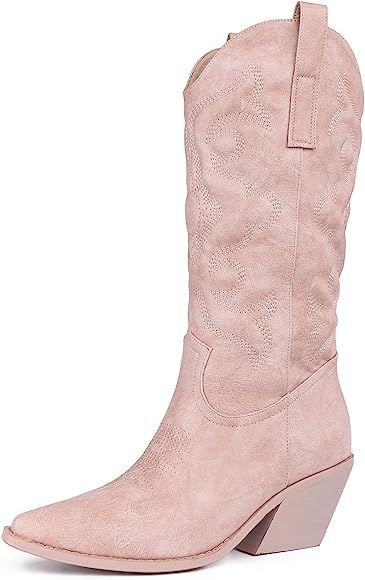 SO SIMPOK Cowboy Boots for Women Embroidered Stitching Chunky Stacked Heel Cowgirl Boots Snip Toe Sl | Amazon (US)