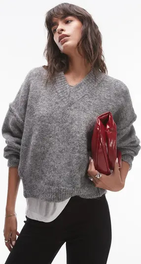 Topshop High V-Neck Sweater in Medium Green at Nordstrom, Size X-Small | Nordstrom