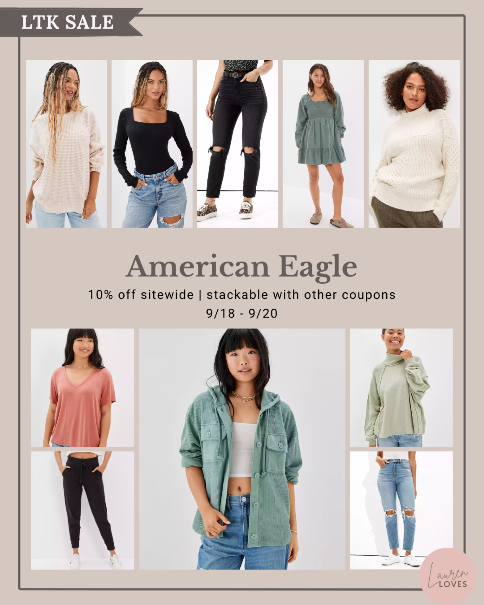 American Eagle has 10% off sitewide (+ stackable with other coupons) from 9/18 - 9/20

#LTKSale