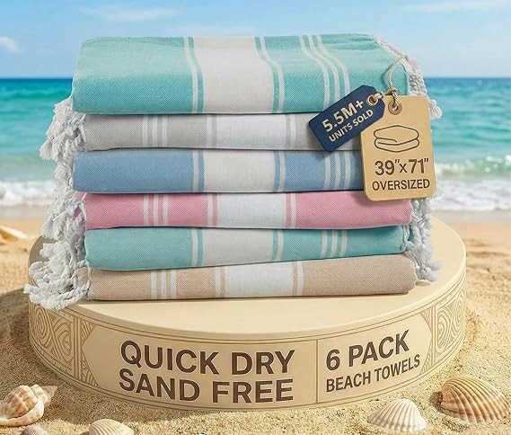 Turkish Beach Towels for Women, Set of 6 - Large 39"x71", Pre-Washed, No-Shrink, Sand-Free, Quick... | Amazon (US)