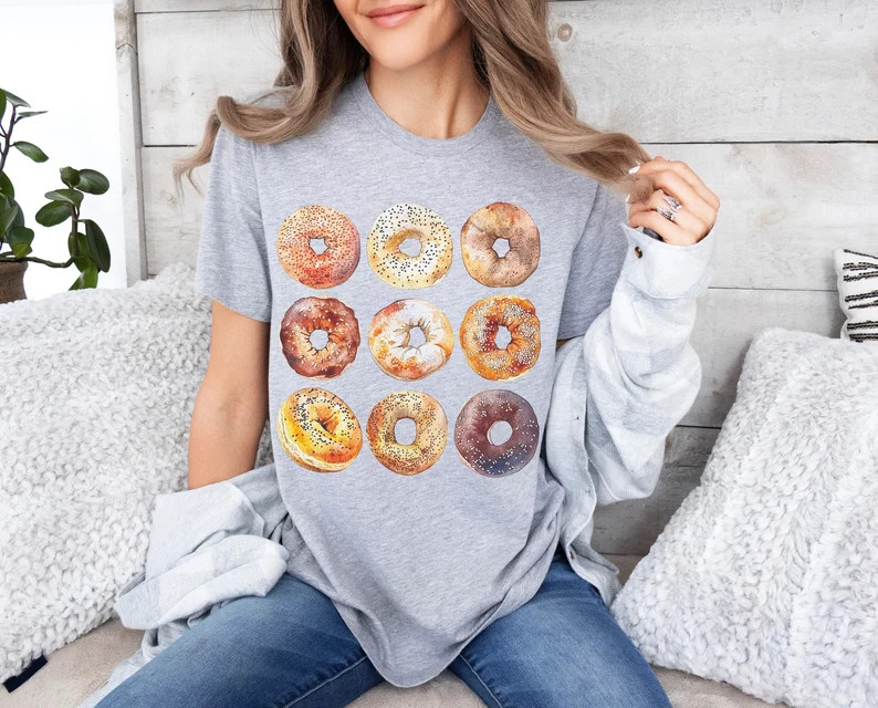 Bagel Lovers Tshirt, Bagel Collage Pattern Shirt, Cool Bagel Tee, Watercolor, Foodie Unisex Top, ... | Etsy (US)