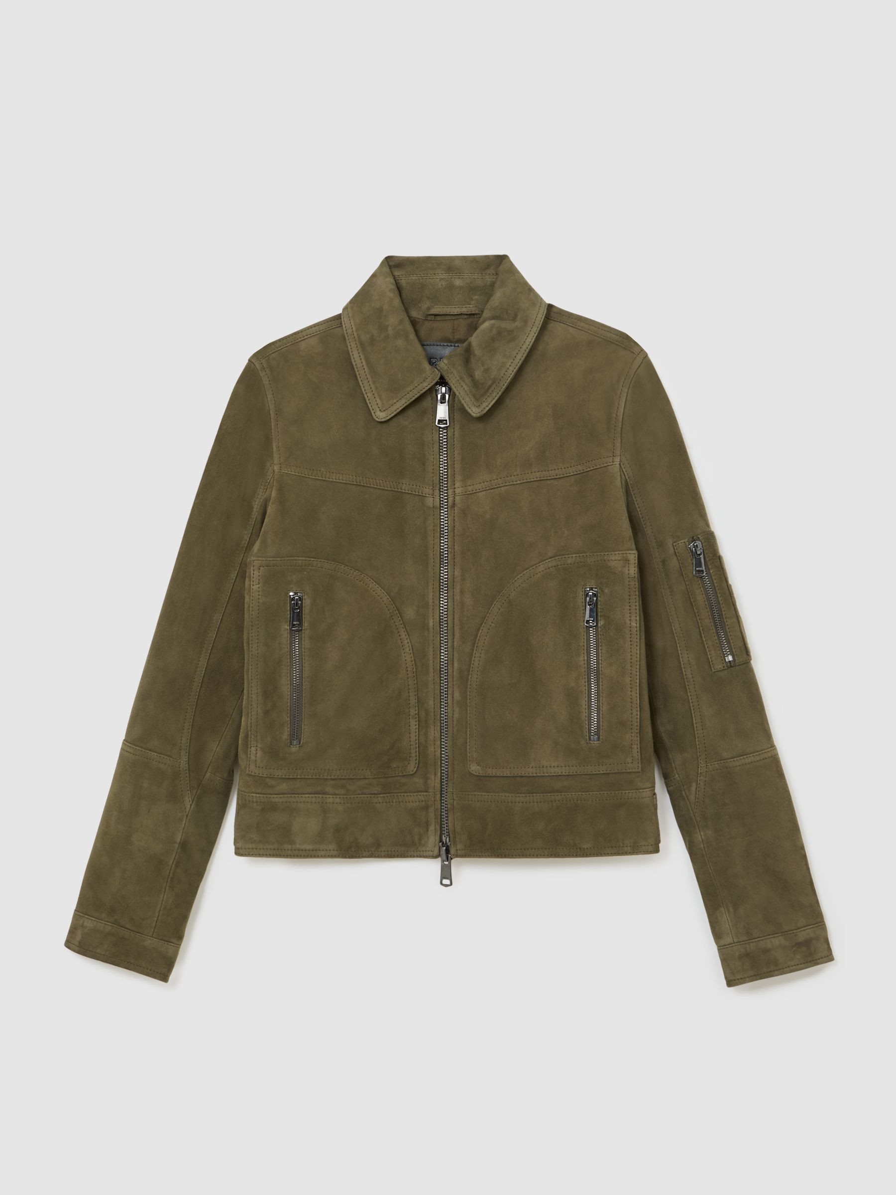 Reiss Suede Zip-Through Jacket in Khaki Green | REISS | Reiss US
