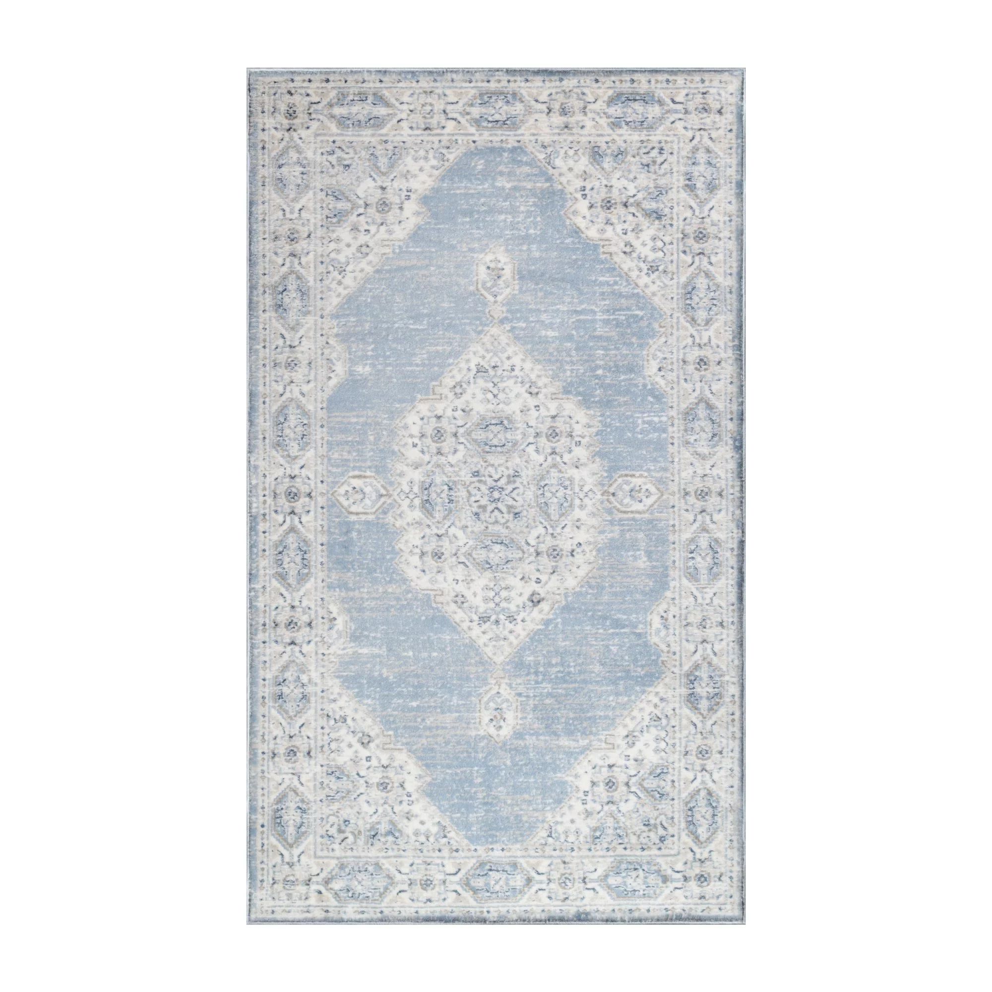 Modern Farmhouse Oriental Floral Medallion Polyester Indoor Area Rug, Blue-Cream, 3' x 5' by Supe... | Walmart (US)