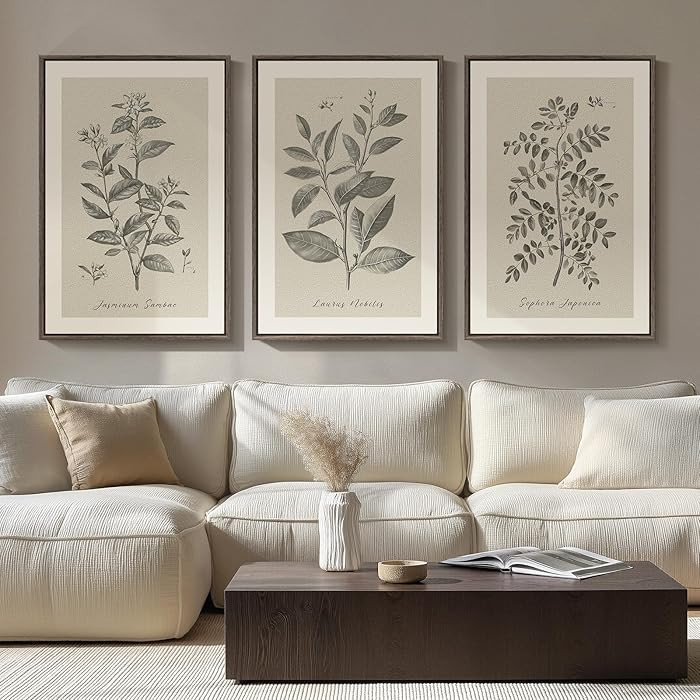 Large Framed Botanical Wall Art for Living Room, 3 Piece Neutral Plant Canvas Painting Prints Art... | Amazon (US)