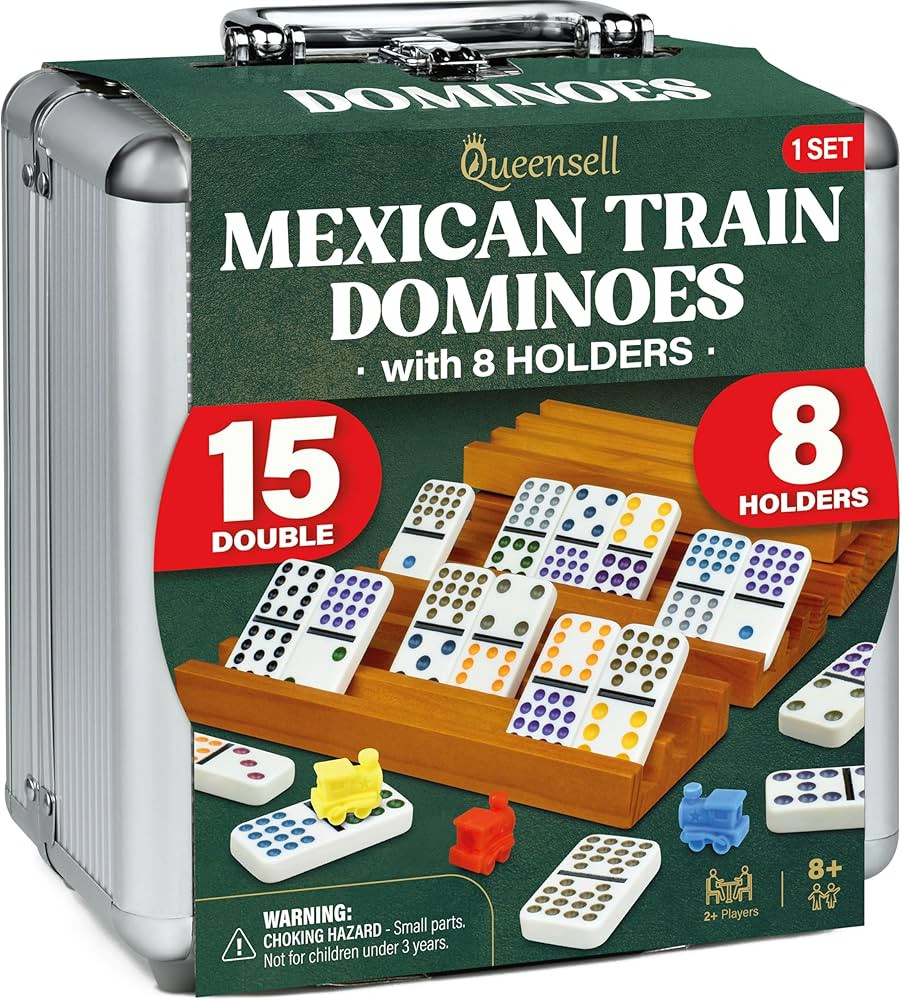 Queensell Mexican Train Dominoes Set Double 15 with 8 Holders - Wooden Hub and Tiles Holders - Do... | Amazon (US)