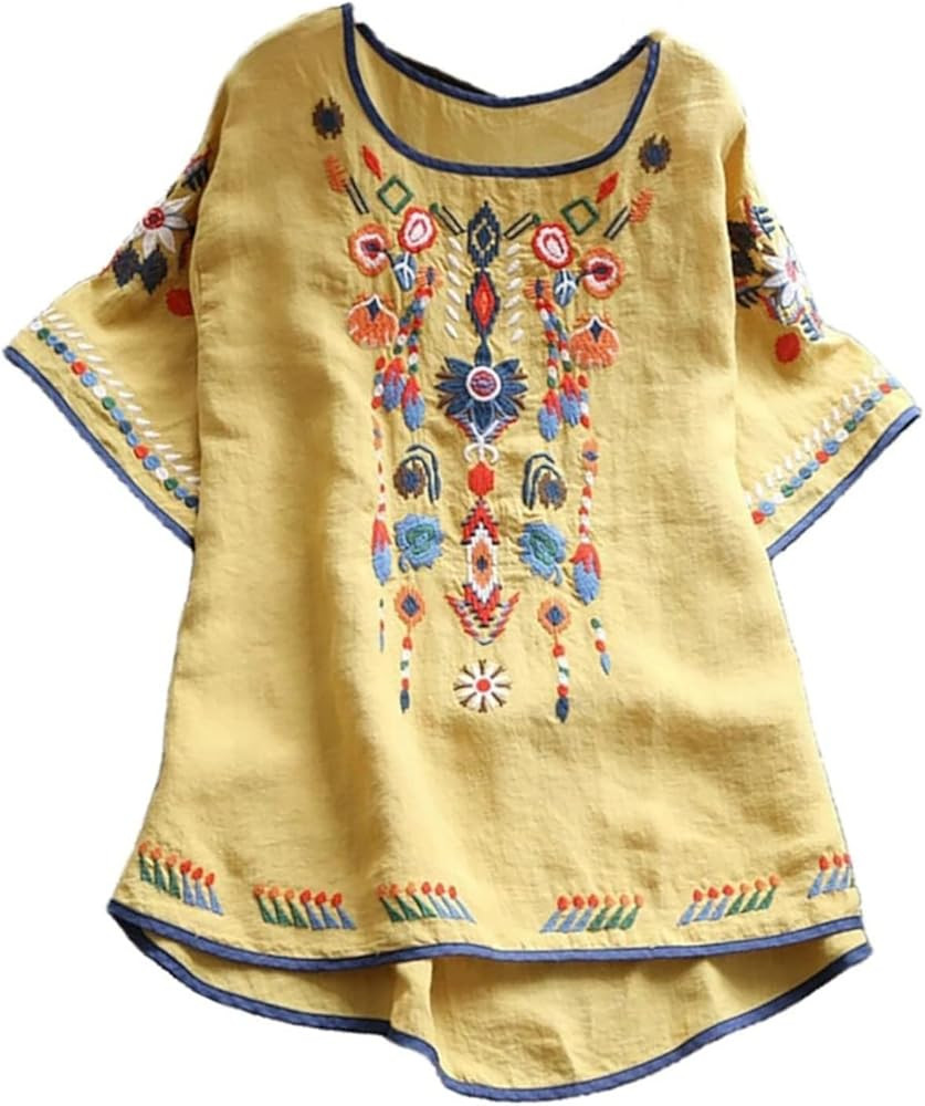 Embroidered Tops for Women Short Sleeve Bohemian Mexican Floral Peasant Shirts Crew Neck Loose Tu... | Amazon (US)