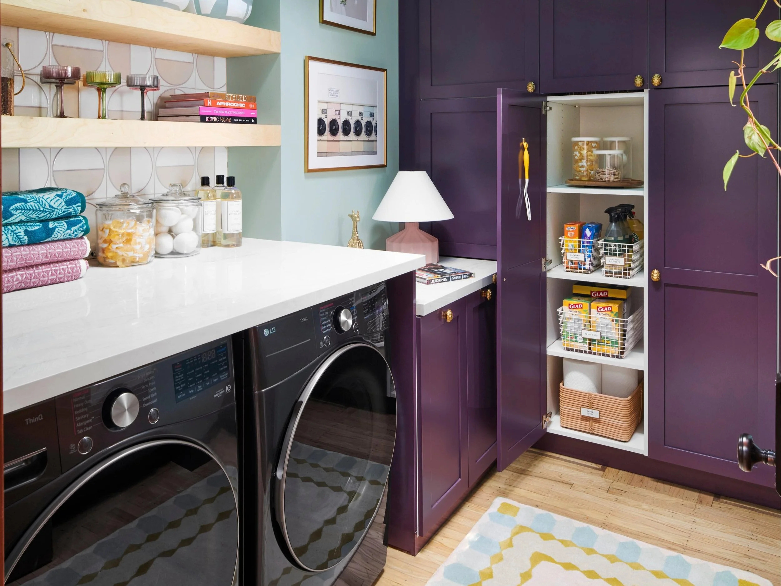 A hardworking space deserves beautiful details, too. ✨ One of my favorite features in this laundry lounge is the custom storage—proof that organization can be both functional and full of personality.

Because even everyday chores deserve a little joy. 💜 

 #FeaturedFriday #LaundryRoomDesign #LaundryRoomOrganization #HomeOrganization #ColorfulInteriors #SoulfulMaximalism #LaundryLounge #InteriorDesign #FeaturedFriday #LTKHome
