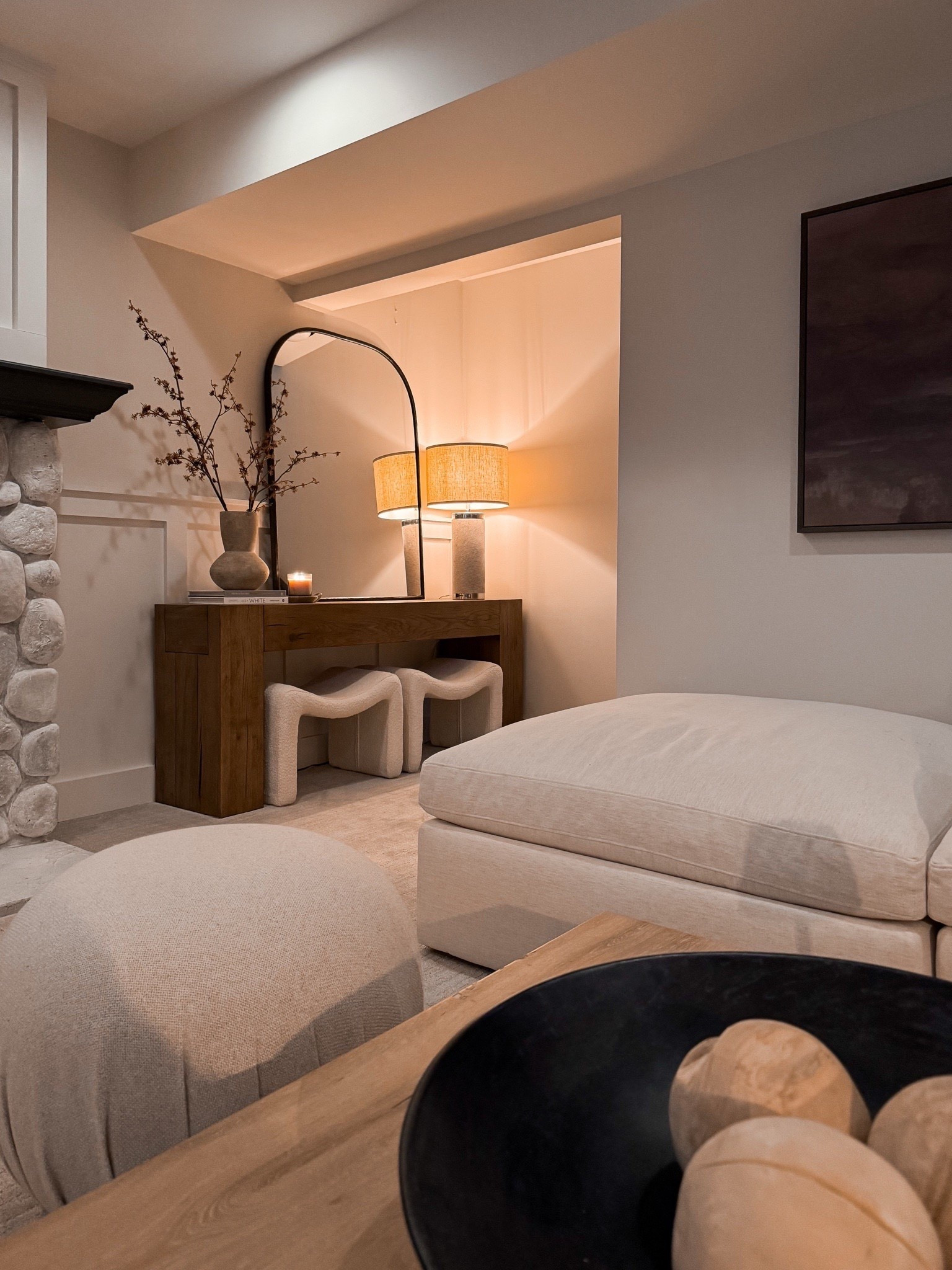 Basements can be cozy too! Our little console table moment at the bottom
Of the steps makes the space feel
Instantly cozy 

#LTKHome #LTKSaleAlert