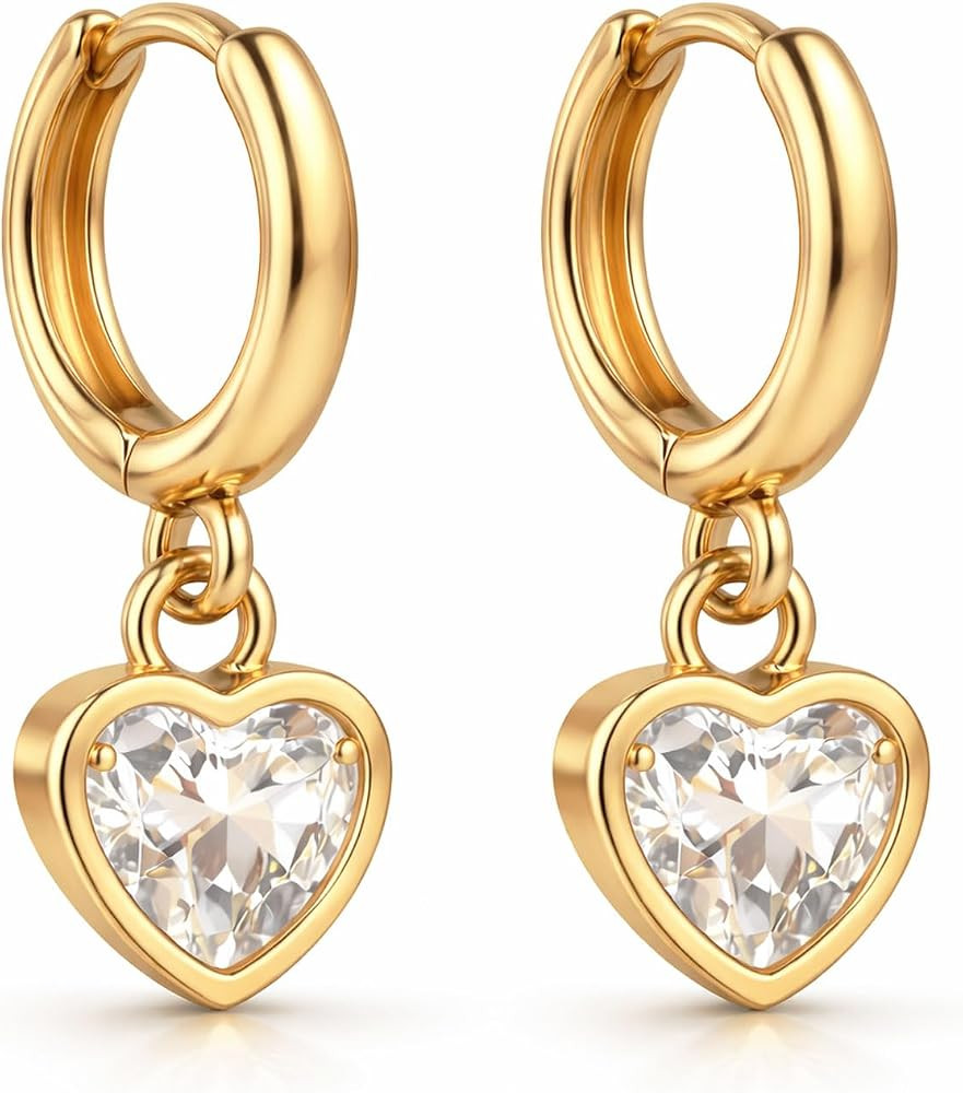 18K Gold Plated Heart Huggie Hoop Earrings for Women, CZ Heart Charm Earrings, Gold Heart Earring... | Amazon (US)