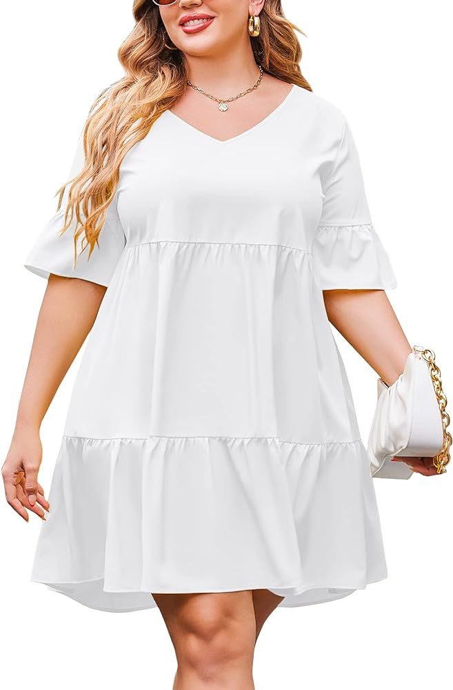 IN'VOLAND Plus Size Summer Dress Loose Ruffle Babydoll Dresses V Neck Flowy Swing Dress for Women | Amazon (US)
