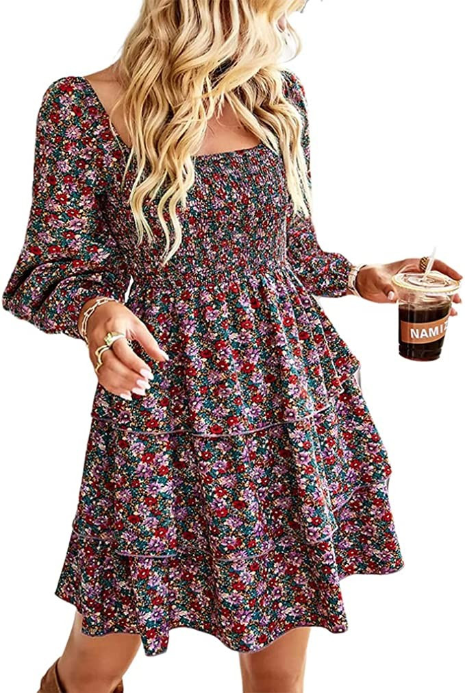 Amazon.com: WISFRUIT Women’s Dresses Crewneck Casual Smocked Waist Long Sleeve Tiered Cocktail ... | Amazon (US)