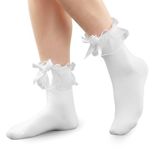 CIATBYYJ Lace Ruffle Frilly Socks for Women Girls, Cotton Frilly Ankle Ruffle Socks with Bow Trim, Cute White Sock with Ruffles and Bow for Women Girls Dorable Lolita Style(One Size) | Amazon (US)
