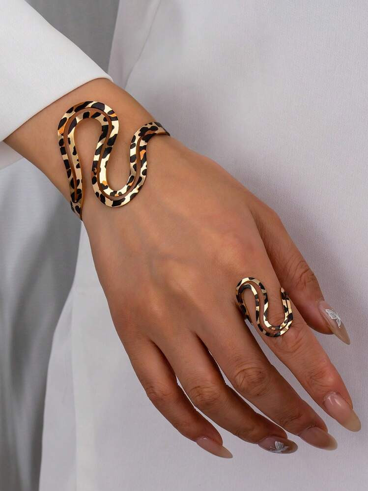 1set Fashion Bohemian Metallic Geometric Asymmetrical Smooth Leopard Print Bangle And Ring Set Fo... | SHEIN