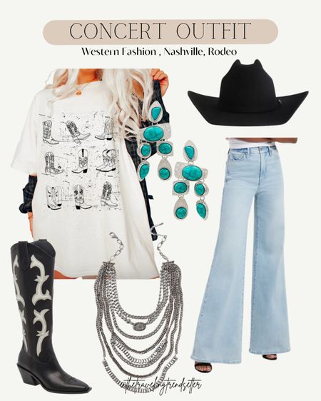 Concert outfit, Nashville, Rodeo, Nfr, T-shirt, turquoise, earrings, cowgirl hat, black, cowgirl, boots, booties, fall, winter, silver necklace, flare, jeans, bootleg, jeans, Momm, jeans, bellbottoms, country outfits, winter outfits, teacher, work

#LTKfindsunder100 #LTKstyletip #LTKfindsunder50