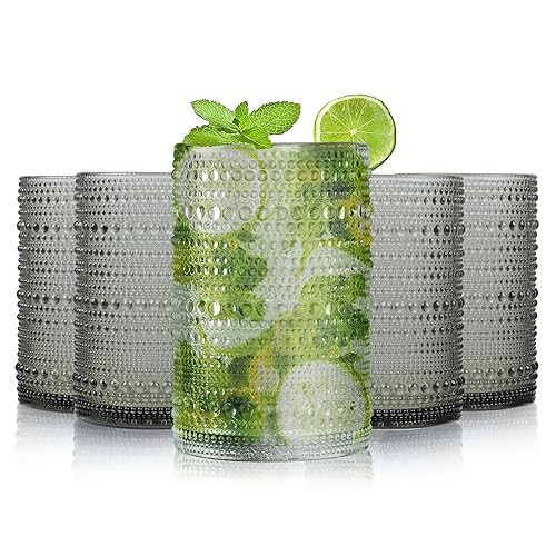 AWWAOOAWW Highball Hobnail Drinking Glasses Set of 6,14 oz Vintage Glasses Drinking set, Glassware Set for Beer,Whiskey, Juice, Cocktail, Milk，Dishwasher Safe，Gift box packaging（Light grey ） | Amazon (US)