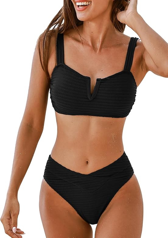 CUPSHE Women's Bikini Sets Two Piece Bathing Suit Scoop Neck Mid Rise Adjustable Wide Straps Back... | Amazon (US)